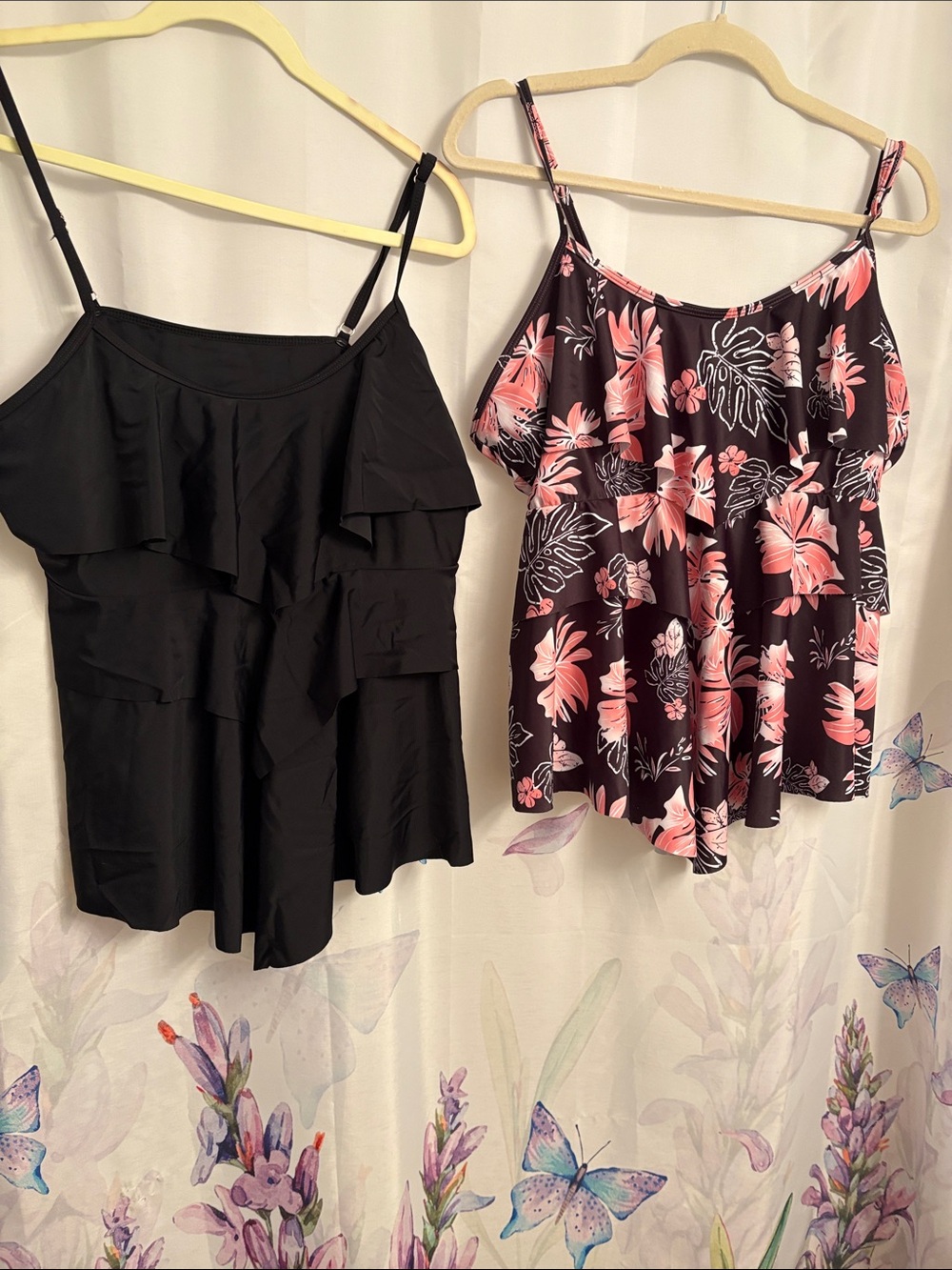 Women’s Ruffle Swim Tankini Top - 2xl set of 2 Black & Pink Floral